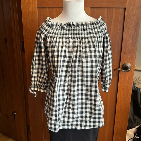 Kate Spade Gingham/Checked Black and White Off Shoulder Top XXS 3/4 Tie Sleeves - Picture 3 of 12